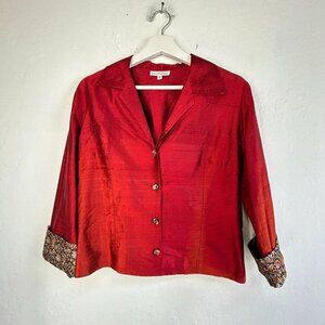 David Alan Womens Red Silk Button-Up Jacket Printed Flip Cuffs Small Lightweight